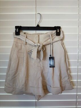 Express Cream High-Waist Tie-Belt Shorts